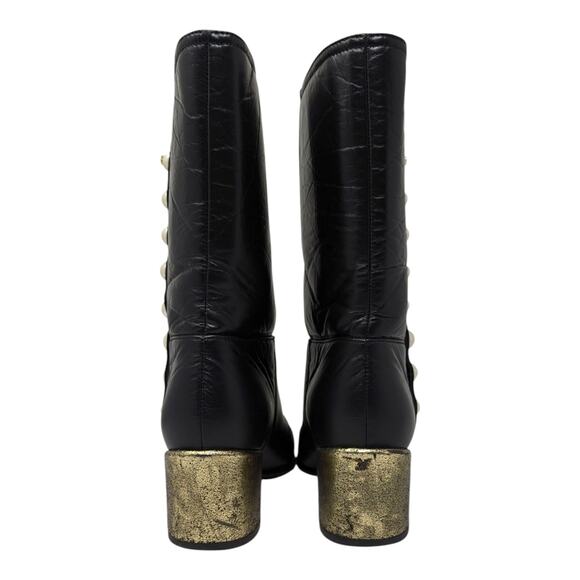 Chanel 2016 black leather calf height pearl button gold heel boots CC logo 36.5 - Picture 5 of 15